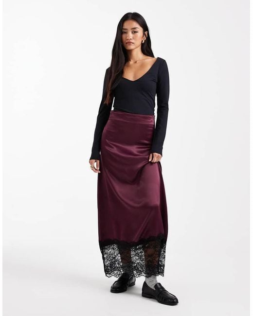 Miss Selfridge Purple Satin And Lace Bias Maxi Skirt