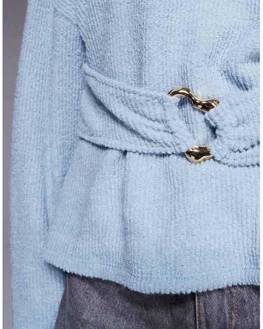 ASOS Blue Rib Boucle Long Sleeve Top With Gold Trim Detail