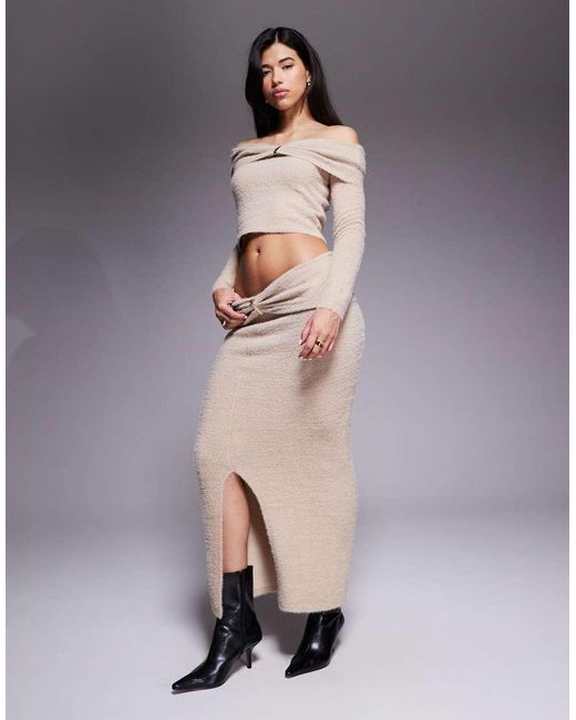 Aria Cove Gray Fluffy Knit Bardot Metal Detail Jumper Co-ord