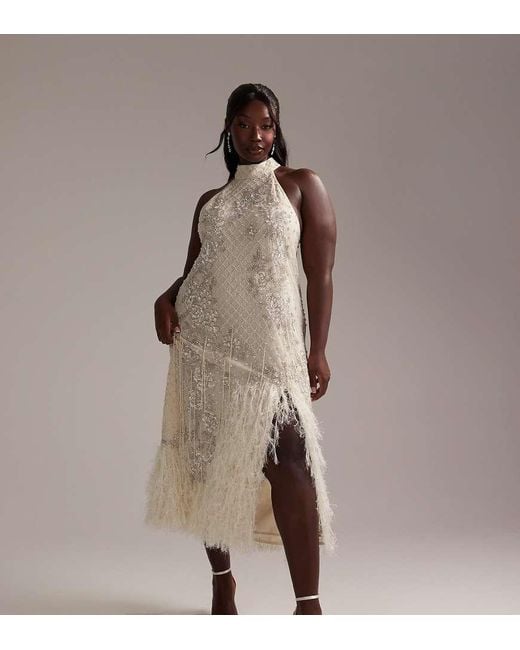 ASOS Natural Asos Design Curve Floral Embellished Halter Maxi Wedding Dress With Fringe Hem-white