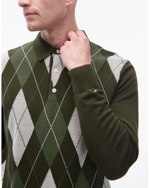 Tommy Hilfiger Green Argyle Pattern Long Sleeve Knitted Rugby Polo Shirt for men