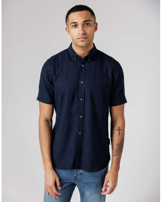 French Connection Blue 2 Pack Linen Blend Short Sleeve Chest Pocket Shirts for men