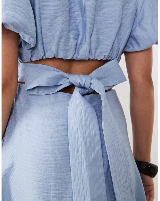 Nobody's Child Petite Blue Symran Satin Slash Neck Puff Sleeve Midi Dress