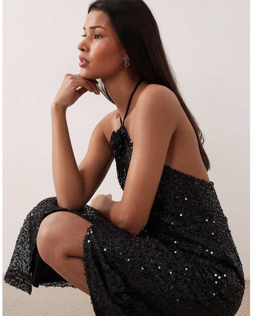 Vila Black Halter Neck Sequin Maxi Dress With Thigh Split