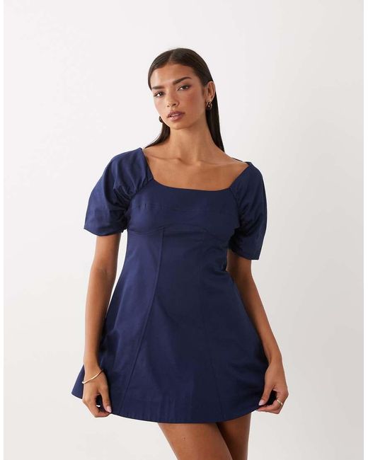 ASOS Blue Square Neck Structured Cotton Mini Dress With Back Strap