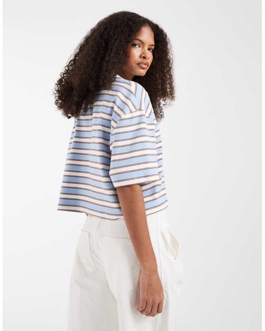 ASOS Contrast Neck Boxy Crop Top Light Blue And Chocolate Stripe