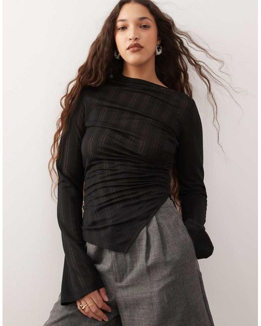 Weekday Black Sheer Mesh Stripe Asymmetric Long Sleeve Top