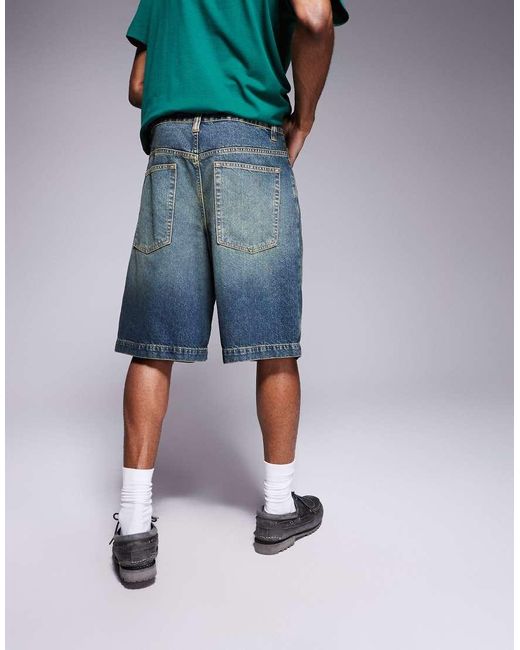 Jorts Di Jeans Taglio Lungo A Pieghe Con Tinta Verde di ASOS in Blue da Uomo
