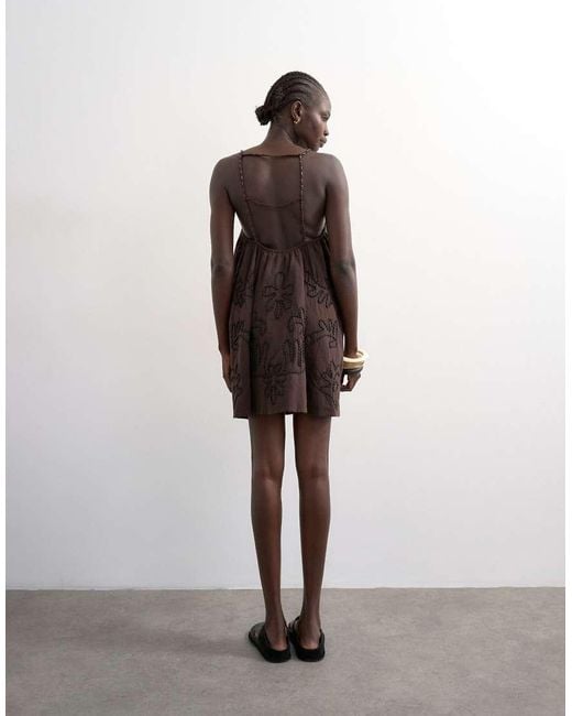 TOPSHOP Brown Beaded Strap Trapeze Mini Dress With 3d Cording