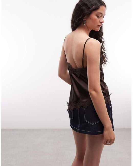 Noisy May Black Asymmetric Satin Top With Lace Hem
