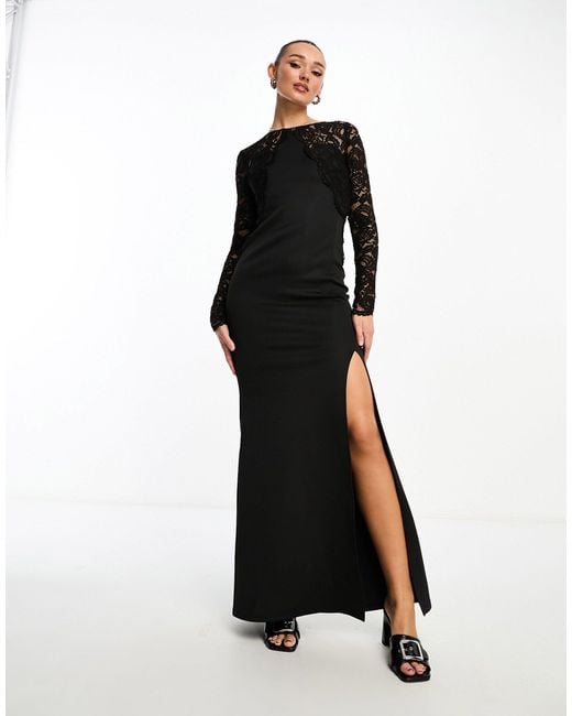 TFNC London Black Long Sleeve Maxi Dress With Lace Insert