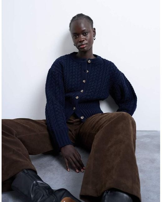 TOPSHOP Blue Knitted Cable Fitted Waist Cardigan