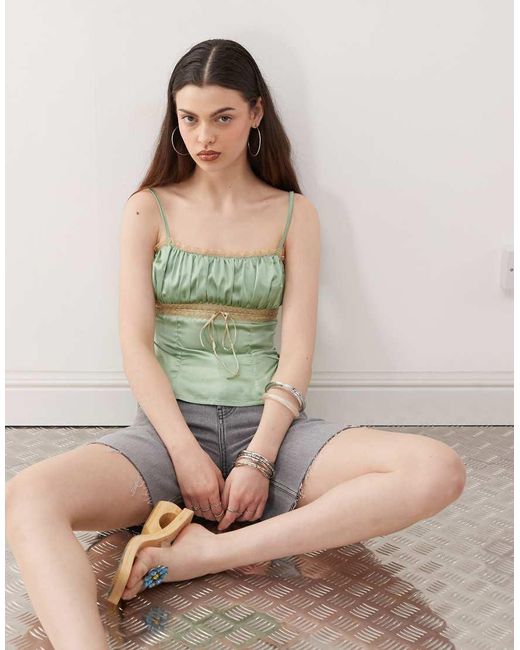 Reclaimed Vintage Green Lingerie Cami Top With Antique Lace