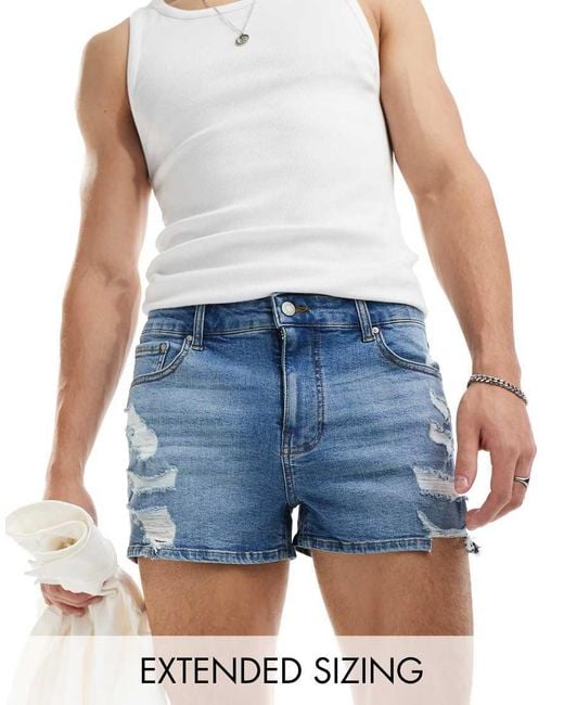 ASOS Blue Super Short Length Skinny Denim Shorts With Rips for men