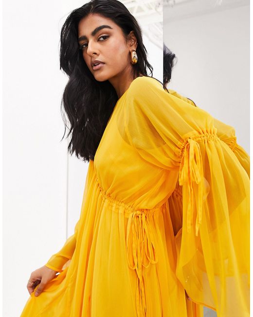 ASOS Yellow Long Sleeve Chiffon Maxi Dress With Gathered Detail