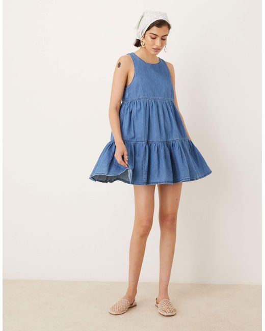 ASOS Blue Denim Tiered Mini Dress