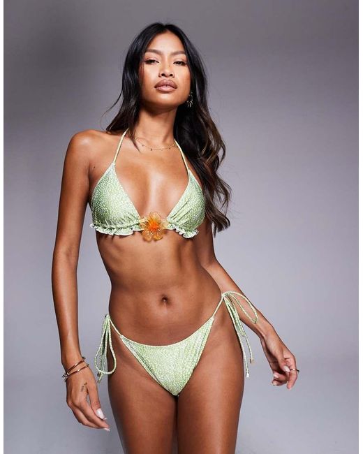 South Beach Green Triangle Bikini Top With Yellow Flower Detail