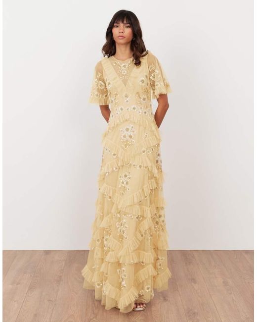 Maya Natural Embellished Angel Sleeve Ruffle Maxi Dress