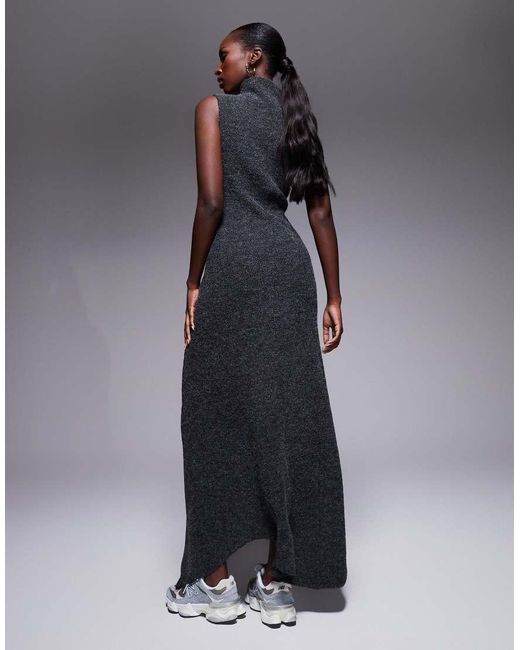 ASOS Blue Ribbed High Neck Asymmetric Hem Maxi Dress