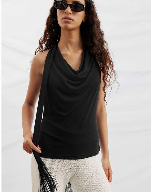 NA-KD Black Scarf Tassel Modal Halterneck Top