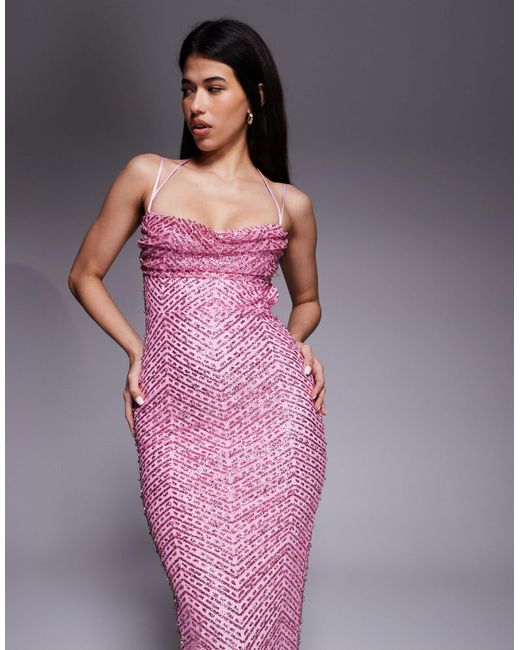 Oh Polly Glitter Embellished Cowl Neck Cut Out Back Maxi Dress in Pink |  Lyst