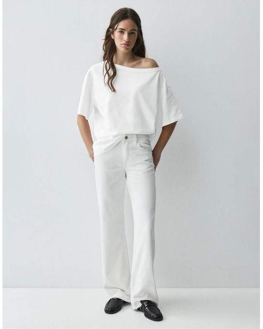 Pull&Bear White Asymmetric Short Sleeve T-shirt