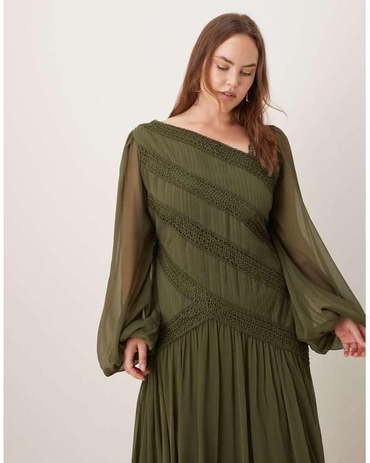 ASOS Green Asos Design Curve Long-sleeved Asymmetric Neckline Maxi Dress With Lace Trim