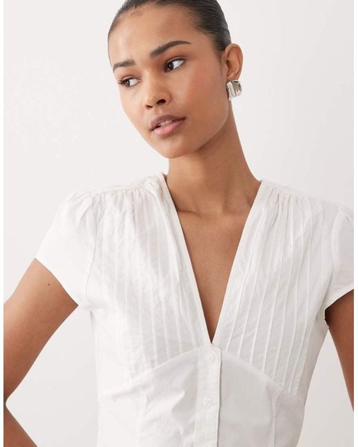 Gina Tricot White Cotton Rich V Neck Short Sleeve Blouse