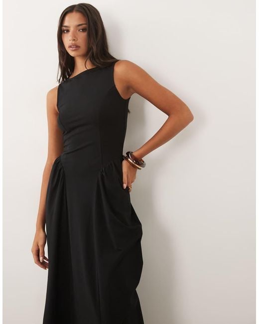 ASOS Black Boat Neck Waist Detail Midi Dress