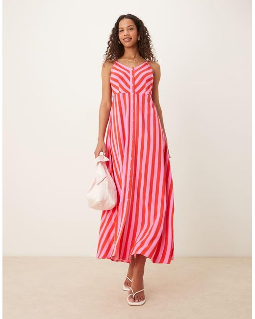Vestito Lungo Con Spalline Sottili A Righe Rosa E Rosse Con Bottoni di Y.A.S in Red