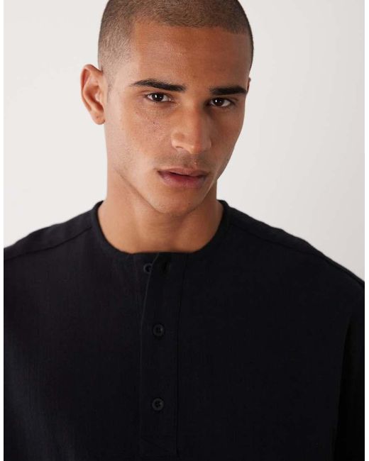 ASOS Black Boxy Linen Look Overhead Henley Shirt for men