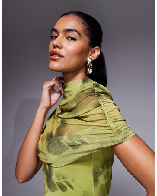 ASOS Green Printed Mesh Highneck Overlay Maxi Dress With Sheer Shirt