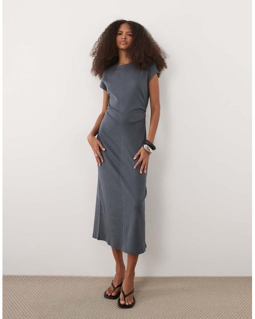 Mango Blue Cap Sleeve Midi Dress With Ruched Waist