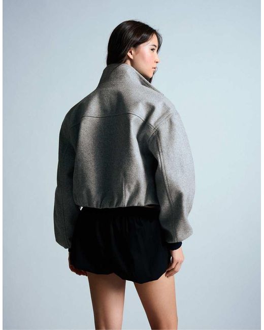 Bershka Gray Wool-blend Jacket With Gathered Hem