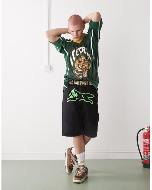 ICECREAM Green Running Dog Denim Shorts for men