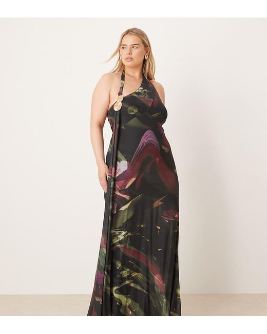 ASOS Black Asos Design Curve Printed Mesh Drape Scarf Neck Maxi Dress With Hardware
