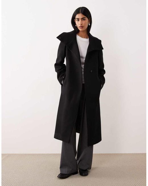 Mango Black Wool Mix Tailored Funnel Neck Coat