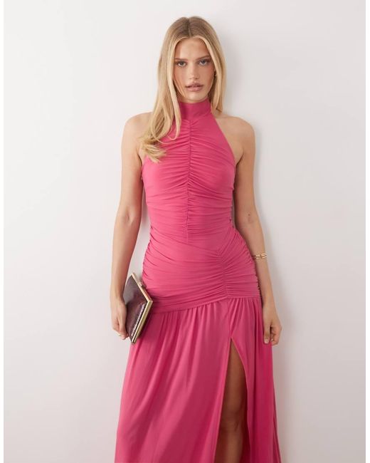 Ruched & Ready Pink Sculpting Ruched Body Draped Hem Open Slit Maxi Dress