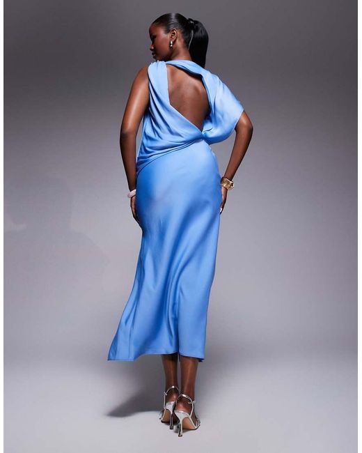 ASOS Blue Drape Bodice Satin Midi Dress With Trim Detail