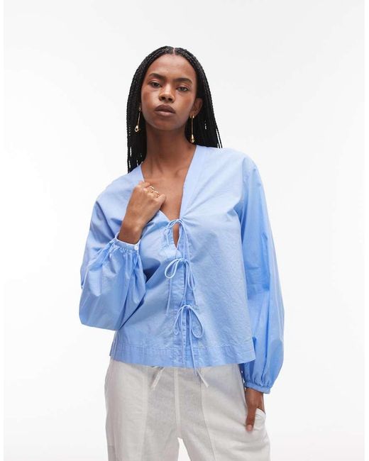 Blusa Con Scollo A V E Allacciatura Con Fiocchi Sul Davanti di ARKET in Blue