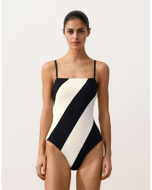 Oysho Black Diagonal Stripe Piqué Bandeau Swimsuit