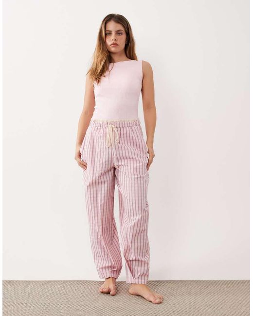 ASOS Pink Asos Design Petite Textured Pyjama Pants With Lace Waistband Trim
