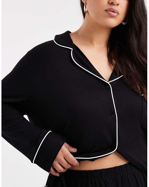ASOS Black Asos Design Curve Super Soft Long Sleeve Shirt & Pants Pyjama Set With Contrast Piping