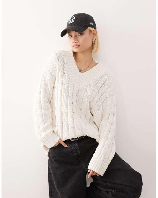 Monki White Oversized V Neck Chunky Cable Knit Jumper