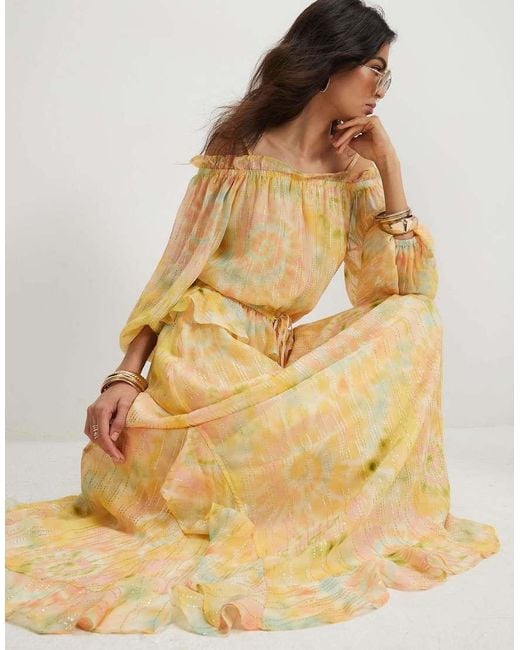 River Island Metallic Tie Dye Bardot Maxi Dress