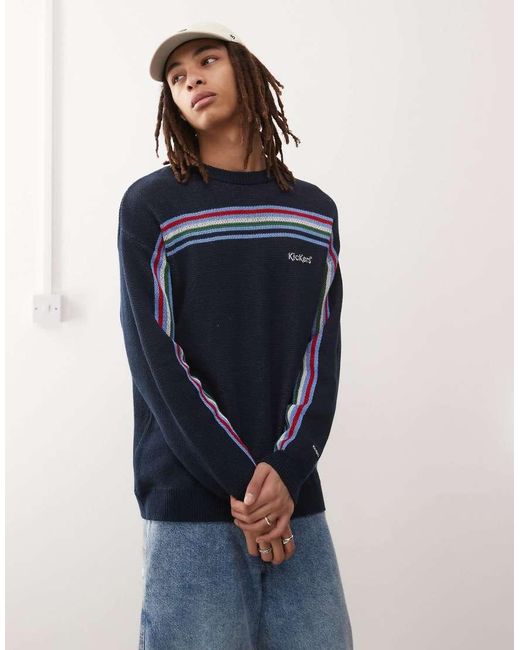 Kickers Blue Oversized Fit Retro Knit Jumper With Multi Stripe for men