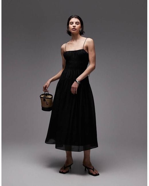 & Other Stories Black Milkmaid Midi Dress With Smocking And Spaghetti Straps