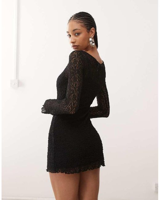 Monki Long Sleeve Lace Mini Dress in Black | Lyst UK