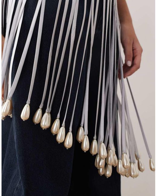 ARRANGE White Wave Linear Faux Pearl Droplet Fringed Hem Top