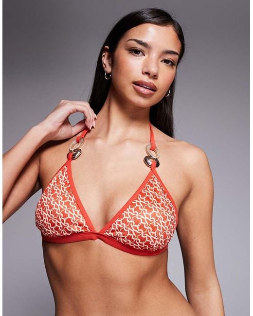 River Island Orange Monogram Printed Bikini Top